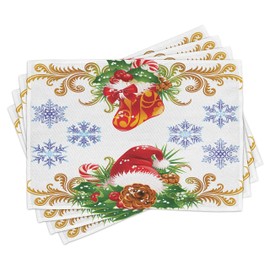 ABAKUHAUS Christmas Place Mats, Christmas Tree Photography with Sleigh and a Bag of Gifts, Table Decoration Made of Colourfast Fabric for the Dining Room & Kitchen, Multicoloured / Colourful