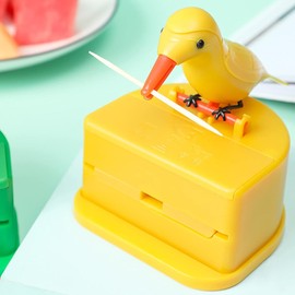 Cldaisy Yellow Bird Automatic Toothpick Dispenser, Push-Type Holder with Storage Box, Kitchen Decoration