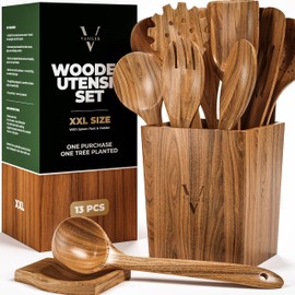 XXL Wooden Utensil Set – 13 Piece Acacia Wood Cooking Tools with Square Holder for Nonstick Cookware with Holder & Spoon Rest – Wooden Spoons for Cooking, Spatula, Spurtle