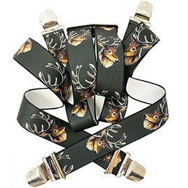 Hirsch G-022 Braces Bust - Hunter Design Green Austria-Vienna - 35 mm Width with 4 Clips in H-Shape Adjustable Elastic with Strong Metal Clip / Deer Bust Dark Green, grey