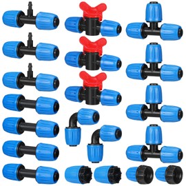 Innconee 1/2 Inch Drip Tubing Irrigation Fittings Kit - 20 Pcs Set 1/2'' Drip Line Anti-Drop Barbed Lock Nut Connectors- 4 Couplings 4 Tees 2 Elbows 3 Valves 4 End Plugs 3 1/2'' to 1/4'' Reducers
