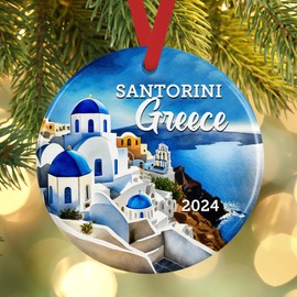 2024 Handmade Santorini Greece Ceramic Christmas Ornament - Watercolor Painting of White Buildings - European Vacation Souvenir