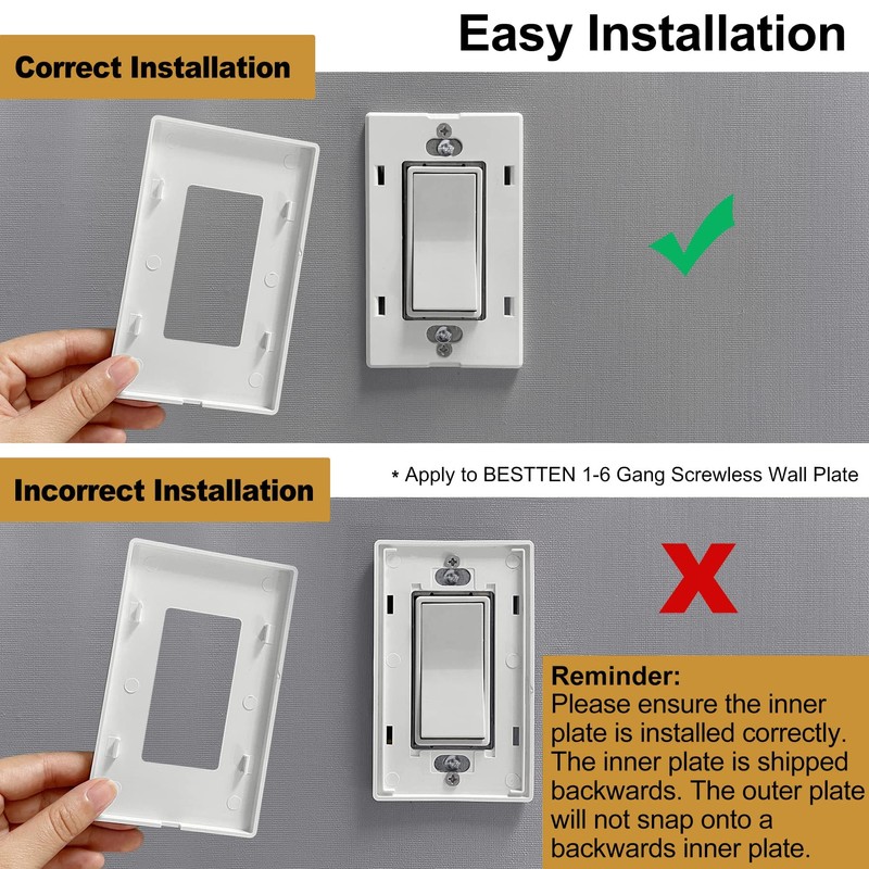 [2 Pack] BESTTEN 3-Gang Screwless Wall Plate, USWP4 White Series,