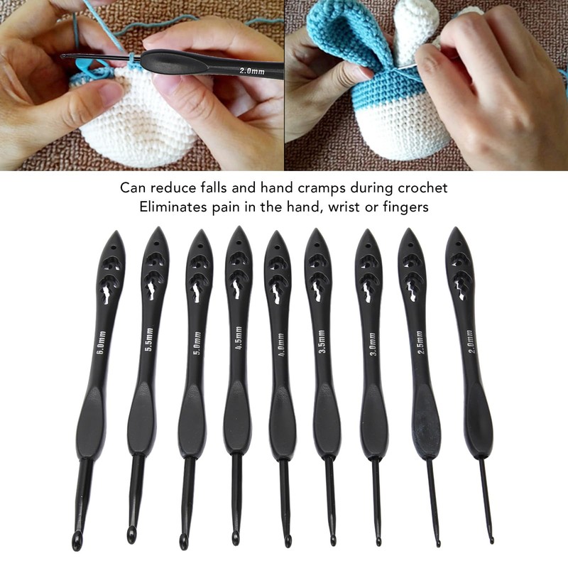 Black Crochet Hooks Set 2.0-6.0mm Ergonomic Handle Reduce Cramps, Multiple
