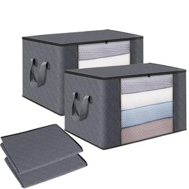 2 Pack 85L Clothes Storage Bag, Foldable Storage Bins for Clothes, Blankets, Fabric Wardrobe Closet Organizers with Reinforced Handle, Sturdy Zipper, Moving Bags With Clear Window, Grey (2, 85L)
