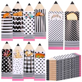 Wesnoy 100 Pcs Pencil Candy Bags Back to School Gift Decorations Pencil Shaped Treat Goodie Bag Bulk First Day of School Paper Containers for Teacher Students Classroom Decor(Black White,Novel Style)