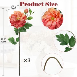 Orange Peonies Artificial Flowers 3Pcs Fall Flowers for Fall Decoration 27.5" Real Touch Silk Faux Peony Flower with Long Stems for Home Autumn Floral Arrangement Vase Table Centerpieces Bouquet Decor