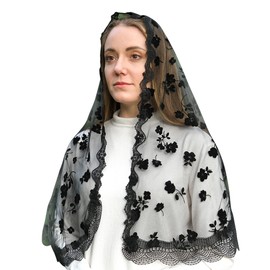 Mantveil Chapel Veils for Church Catholic: Traditional Black Vintage Inspired D Shape Floral Lace Mantilla Veil Latin Mass Head Covering