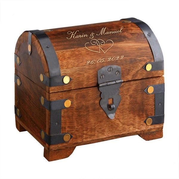 Treasure Chest For Wedding With Engraveable Plate [Name] and [Date] and [Wallet Case] – Farmers Kasse – Wooden Treasure Chest Trinket Box – Money Box – Storage Box – 14 cm x 11 cm x h 13 cm (Dark)