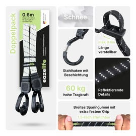 Set of 2 Rubber Tension Straps, Adjustable Reflective Wide Band Expander with Metal Hooks, Heavy Duty for Car, Bicycle and Outdoor Activities (10 Colours, 4 Lengths) (60 cm, Snow)