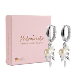 Bridal Earrings with Pearl - 925 Silver - Hoop Earrings for Wedding - Handmade Earrings with Leaves - High Quality Vegan Bridal Jewellery - Waterproof Pearl Earrings, Sterling Silver, Pearl