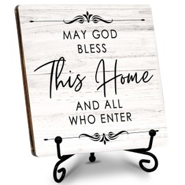 ‘May God Bless This Home And All Who Enter’ 5.1x5.1 Wooden Plaque with Stand, Christian Home Décor, Gifts for Housewarming, Thanksgiving, Christmas, Christian Decorations for Home.(067)