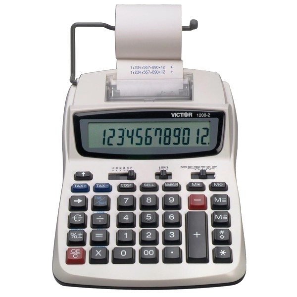 Victor Printing Calculator, 1208-2 Compact and Reliable Adding Machine with 12 Digit LCD Display, Battery or AC Powered, Includes Adapter,White