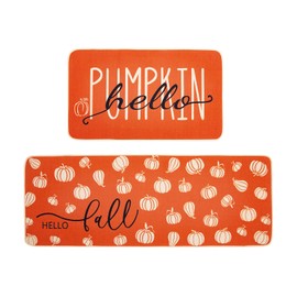 JDGHGB 2 PCS Orange Hello Pumpkin Fall Kitchen Mat Rug,Fall Decorations for Home,Orange Kitchen Decor Rugs for Floor 17x29 and 17x47 Inch
