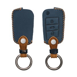 kwmobile Car Key Faux Leather Case Compatible with VW Golf 7 MK7 3-Button Car Key - Key Cover in Navy Blue Light Brown