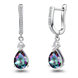 Hoop Earrings with Dangle Charm for Women Sterling Silver Small Mystic Rainbow Topaz Earrings Multicolor CZ Quartz Teardrop Pear Drop Huggie Earrings Gift for Daughter Mother Birthday