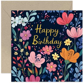 Botanical Happy Birthday Card for Female Friend - Sweet Floral Design with Bold Colours - For Her Women Sister Mum Daughter Colleague BFF - Blank Inside