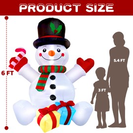 Mukum 6FT Snowman Inflatable Present & Snowman Christmas Decorations with LED Lights Christmas Blow Up for Indoor Outdoor Yard Decoration