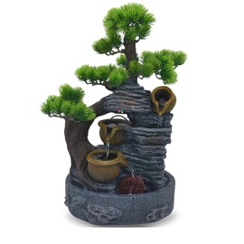 18-Inch Tabletop Water Fountain with Bonsai Tree, Cascading Pots, and Spinning Water Wheel – Indoor Zen Decorative Fountain with USB Connection for Home or Office