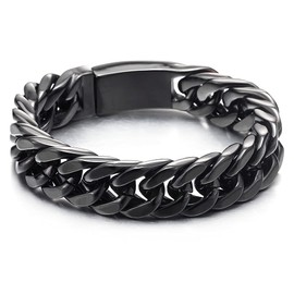 COOLSTEELANDBEYOND Masculine Mens Stainless Steel Large Black Curb Chain Bangle Bracelet, Polished(CA)