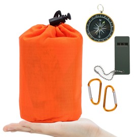 Survival Bag Waterproof Windproof Emergency Blanket Camping Sack for Outdoor Survival Hiking Backpacking Lightweight Warm All-Weather Gear Orange (1 upgraded whistle, 1 compass, 2 carabiners)