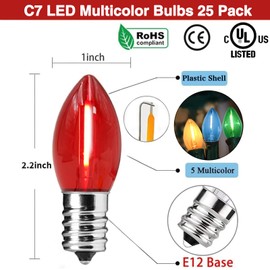 25 Pack C7 Replacement Christmas Light Bulbs, 0.6Watt C7 Multicolor Clear LED Light Bulbs for Indoor Outdoor Patio Christmas Party String Lights, C7/E12 Candelabra Base