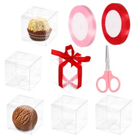 Swpeet 33Pcs 2 × 2 × 2 inches Plastic Clear Favor Boxes with Ribbons and Scissors Kit, Small Gift Boxes Transparent Cube PET Boxes Treat Boxes for Wedding Birthday Baby Shower
