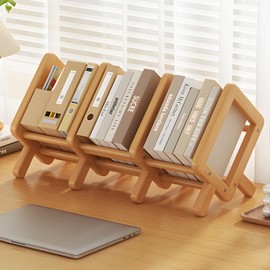 Expandable Desktop Bookshelf, Bamboo Desk Bookshelf, Adjustable Book Rack Shelf Organizer, Stable Bookshelves Storage Rack, Tilting Bookcase for Books/CDs/Magazine Display (Burlywood, 27inch)