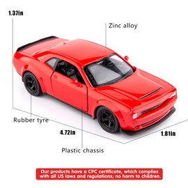 TGRCM-CZ 1/36 Scale Dodge Challenger Casting Car Model, Zinc Alloy Toy Car for Kids, Pull Back Vehicles Toy Car for Toddlers Kids Boys Girls Gift (Red)