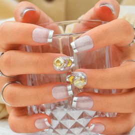 Sethexy Cat Eye Rhinestone Press On Nails Short Coffin French Tip Pink Fake Nails Handmade Sparkly False Nails Glossy Crystal Salon Stick On Nail for Women and Girls 10PCS (5)