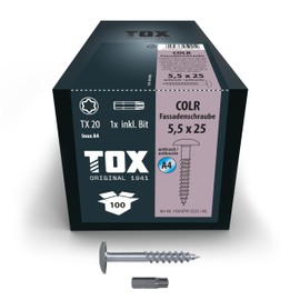 TOX Colr 113087415525/AG Facade Screws 5.5 x 25 mm, Screws for Facade Panels Made of A4 Stainless Steel with Coloured Flat Head, Corrosion and UV Resistant, Pack of 100 in Box Includes 1x Bit