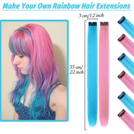 16Pcs Colored Clip in Hair Extensions, 22 Inch Colorful Highlights Hairpieces Straight & Long Heat-Resistant Synthetic Hair Accessories for Kid Girls Women Party Hair Decor(Pink+Blue)