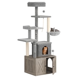 Cat Tree with Litter Box Enclosure Large, Multilevel Cat Play House with Large Condo, Spacious Hammock, Cozy Top Perch,Scratching Post and Dangling Balls,Wooden Cat Furniture for Indoor Cats,Grey