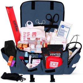 Fully Stocked EMT Trauma Bag – Tactical First Responder Medical Kit with Tourniquet, Chest Seals, Bleeding Control, Gauze, Shears & Bandages – Navy Blue