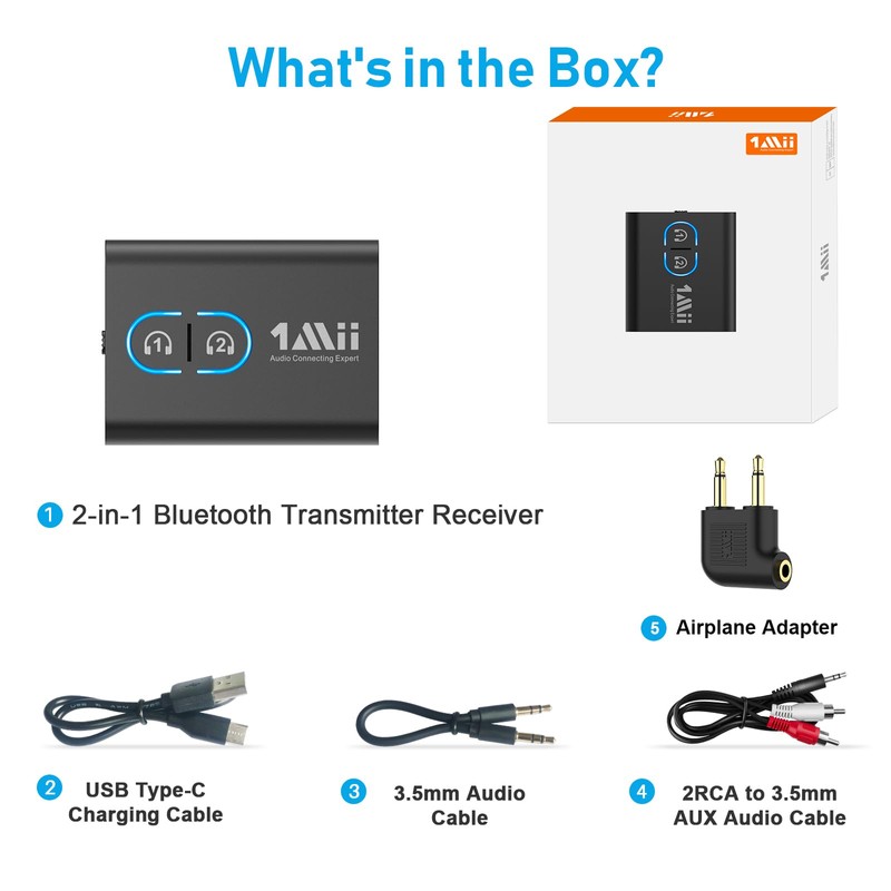 1Mii Bluetooth 5.3 Adapter Transmitter for TV Audio to 2