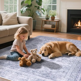 BNUNWISH Bohemian Area Rugs 8' x 10' Foldable Non Slip Carpet Ultra Soft Low Pile No Shedding Vintage Mat for Living Room Bedroom Dining Office, Griege