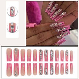 YoYoee Luxury Long Square False Nails Crystal Gem Design Tips Nails French Press on Nails Acrylic Full Cover Fake Nails for Women and Girls 24PCS