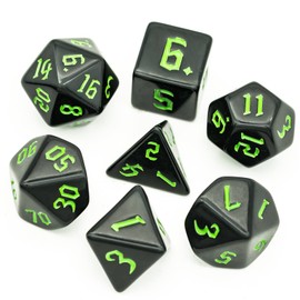 Cusdie 7Pcs/Set DND Dice Set D&D Polyhedral Dice for TTRPG Dungeons and Dragons Pathfinder Role Playing Dice Games RPGs (Black w/Green Numbers)