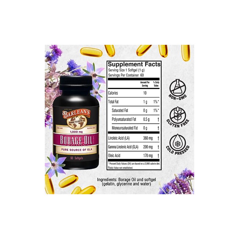 Barlean's Organic Oils Borage Oil, 1000 mg. 60 Count, Bottle