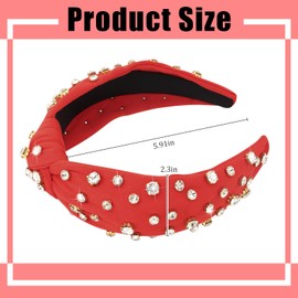 Ondder Red Knotted Headband for Women's Hair - Top Knot Beaded Headband with Shiny Rhinestones - One Size Fits All - Wide Headband for Hair Decoration & Securing Hair for Her