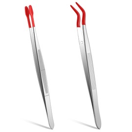 Rubber Tipped Tweezers, 2 Pcs PVC Coated Precision Tweezers Hobby Craft Tweezers Set, Long Bent and Straight Flat Tip Tweezers for Crafts Stamps Coin Beads Jewelry Industrial Electronic Lab (Red)