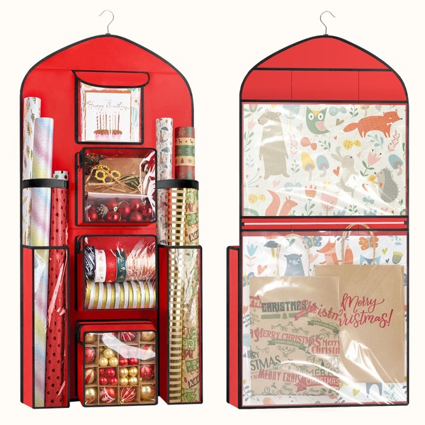 Woodoulogy Hanging Gift Wrapping Paper Storage, 48x24 (Extra Large) Red Double-Sided Christmas Wrapper Bag Container, Oxford Long Craft Roll Organizer, Present Wrap Holder for Closet, Door