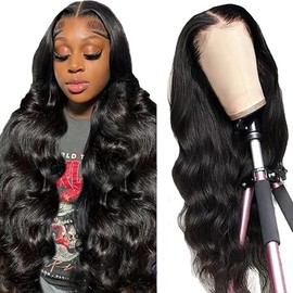Lakaisa Body Wave Human Hair Wig Lace Frontal Perücke Damen Echthaar Glueless Wear and Go Grade 8 A 100% Brazilian Remy Hair 4X1 HD Lace Natural Color Hair No Smell for Women 34 Inch