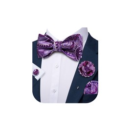 YOHOWA Mens Bow Tie Set with Lapel Pin Brooch Purple White Silk Self Tie Bowtie Handkerchief Cufflinks Formal Wedding Party Prom