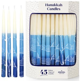 The Dreidel Company Dripless Premium Tapered Hand Decorated Multi Blue Frosted Hanukkah Candles, 45 Hanukkah Candles Premium Quality Wax, 1 Hour Burn Time