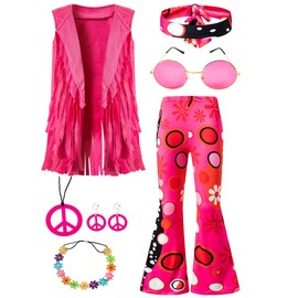 IWALUE 60s 70s Hippie Outfits Kids Girls Costume Fringe Vest Peace Flared Pants Accessories Set（Pink,8-10 Years）