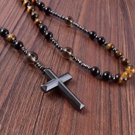 Unbranded Catholic Christ Hematite Cross Charm Tiger Eye Obsidian Mala Beads Men Necklace