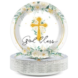 Naozinebi 48PCS Baptism Plates God Bless Baptism Party Decorations First Holy Communion Floral Tableware Mi Bautizo Disposable Paper Plate for Christening Ceremony Newborn Religious Favor 7inch