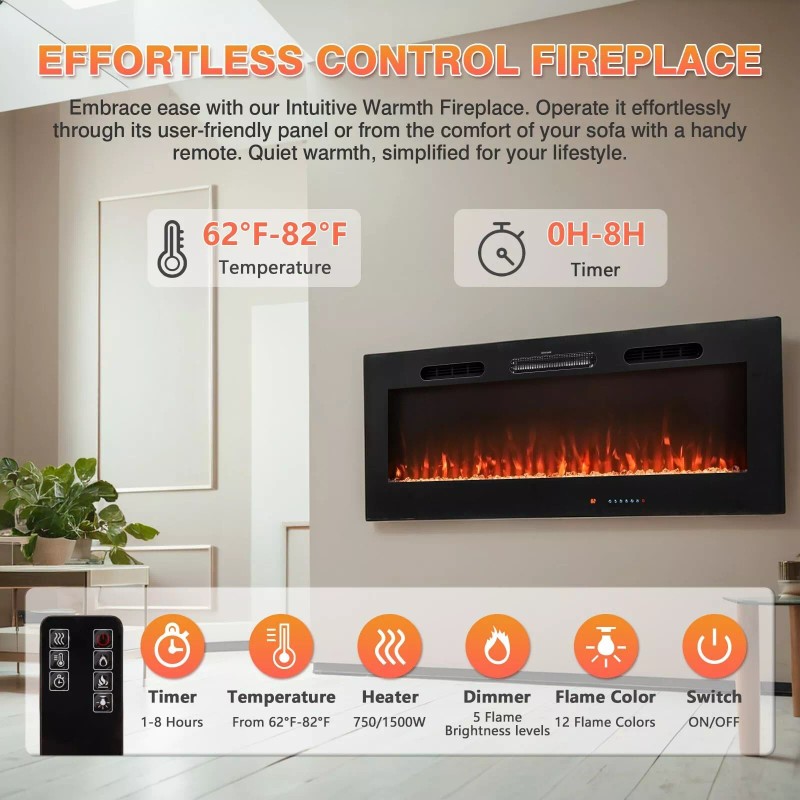 Fireplace 36" Electric Fireplace Recessed/Wall Mounted, 12 Colors, Touch &
