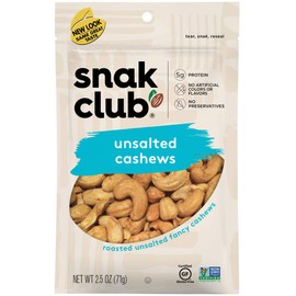 Snak Club Roasted & Unsalted Cashews, 2.5 Ounce (Pack of 6)